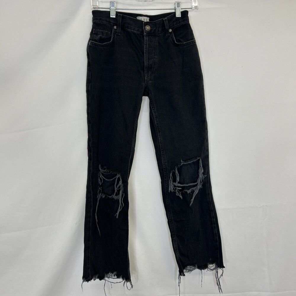 We the Free People Jeans 24 Maggie Black Distressed Raw Hem Button Fly MidRise